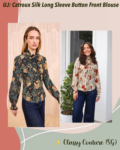 UJ Catroux Silk Long Sleeve Button Front Blouse Top