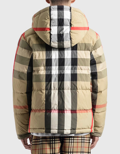 BBR Men’s / Unisex Reversible Check Nylon Puffer Hooded Jacket (Down feather-filled)