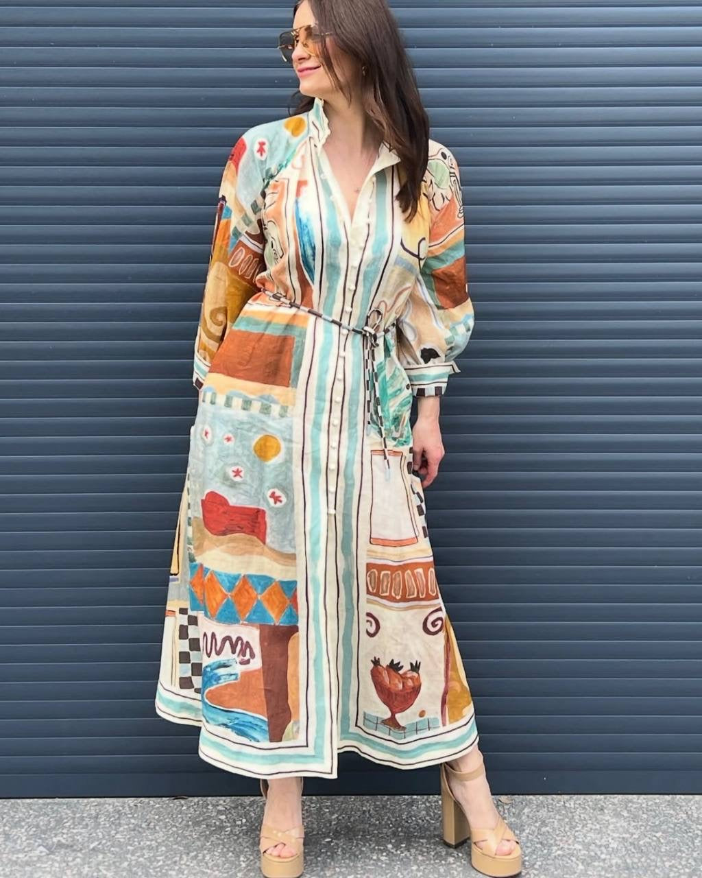 ALM Michelle Long-Sleeve Linen Shirtdress Midi Dress
