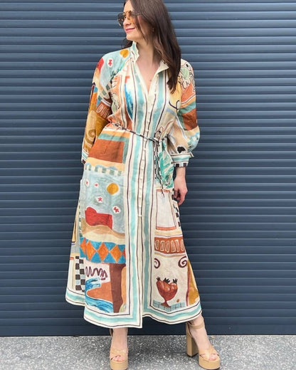 ALM Michelle Long-Sleeve Linen Shirtdress Midi Dress