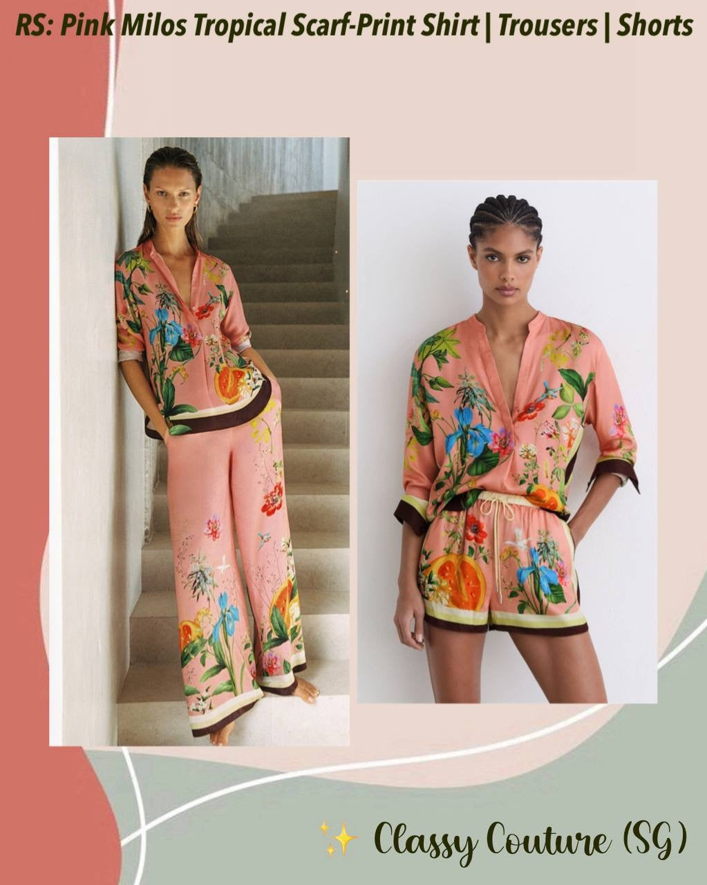 PETITE/REGULAR! RS Pink Milos Tropical Scarf-Print Half-button Shirt | Wide-leg Trousers | Drawstring Shorts | Viscose Set