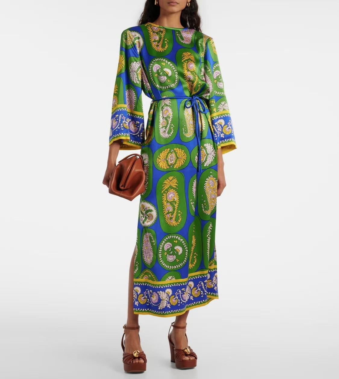 ALM Gina Green Paisley Print Silk Midi Dress