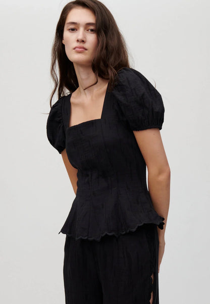 HFM Kira Puff Sleeve Top | Aura Pant Trousers | Scalloped Hem Edge Cotton-linen blend Set