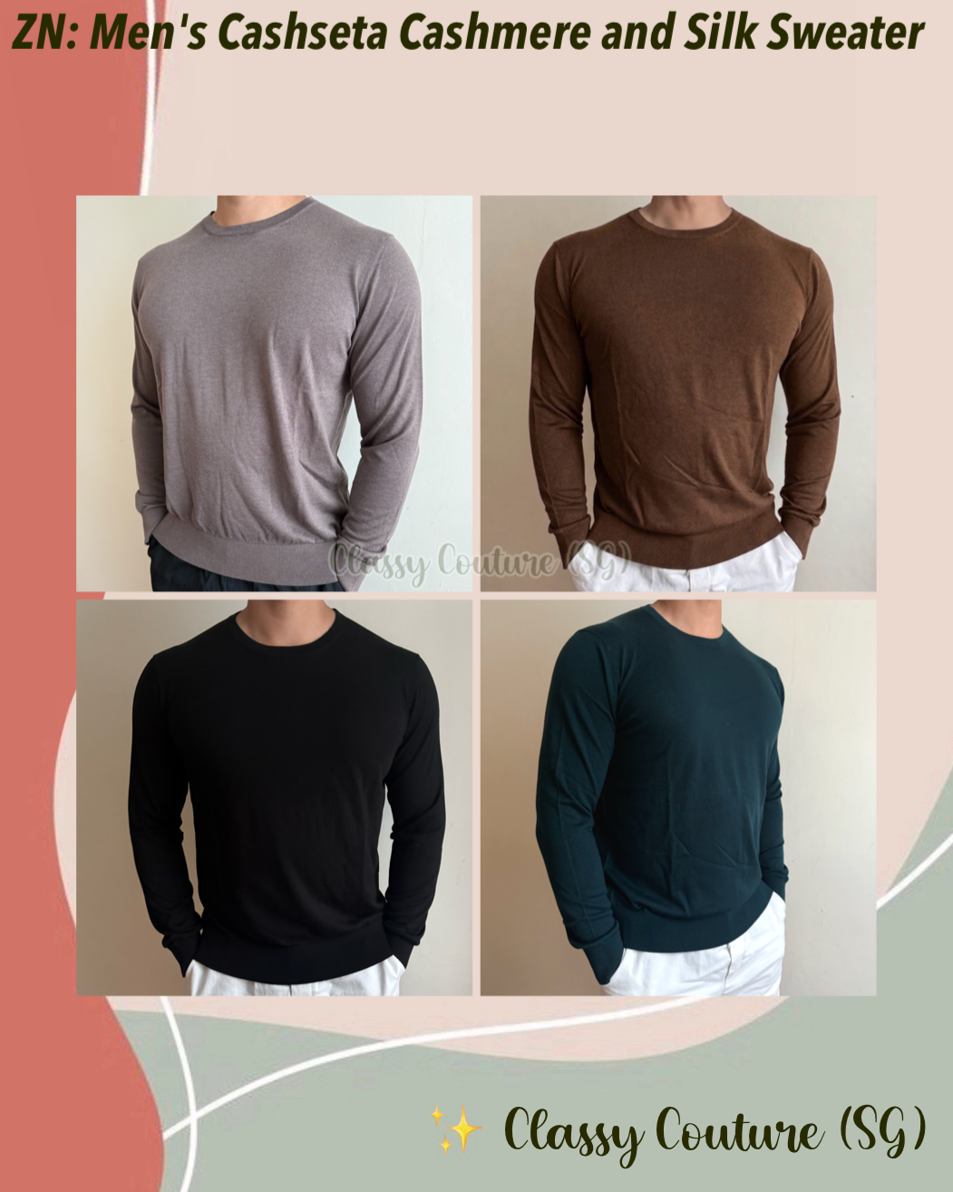 4 Colors! ZN Men's Cashseta Cashmere and Silk Crewneck Sweater
