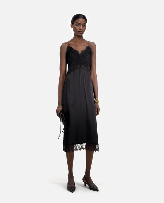 TK Long Black Silk Slip Midi Dress with lace details