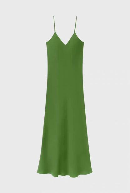 SL 90S Silk Slip Midi Dress in Fields | Apple Green | Miracles Hazelnut