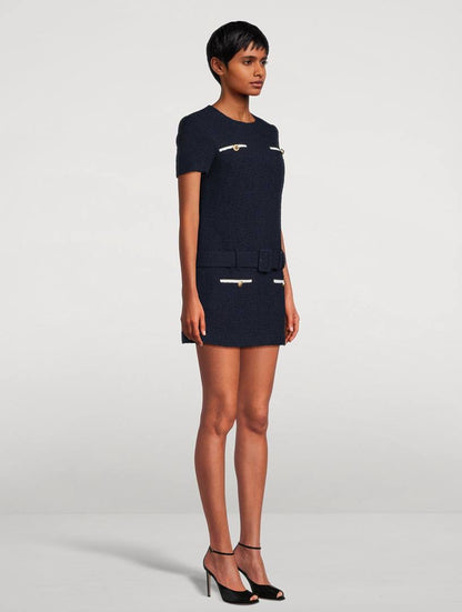 SP Navy Boucle Belted Tweed Mini Dress