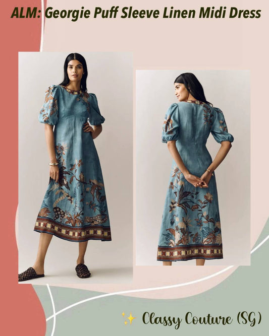 ALM Georgie Puff Sleeve Linen Midi Dress