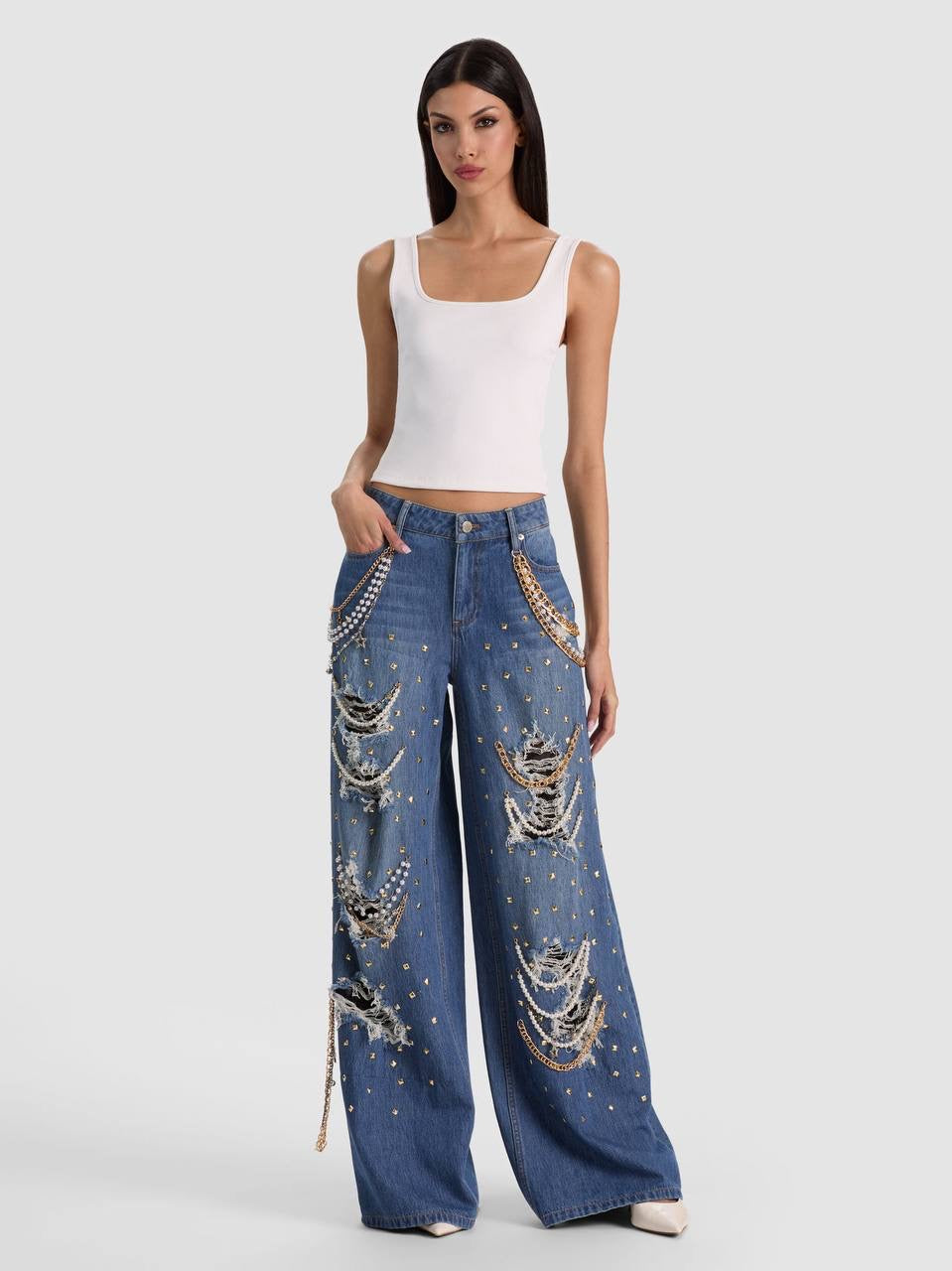 Harper Gold-tone Chain & Pearl-Embellished Ripped Mid-Rise Wide-leg Jeans