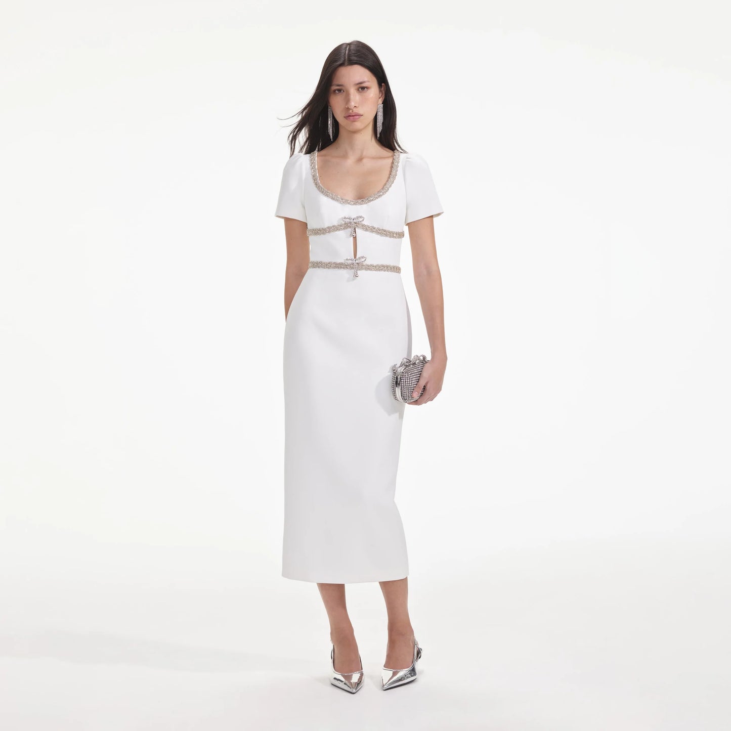 SP Diamante Bow Trim Midi Dress in White and Black