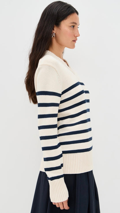 JK Cotton Kate V-Neck Pullover Sweater in Ivory/Navy Stripe