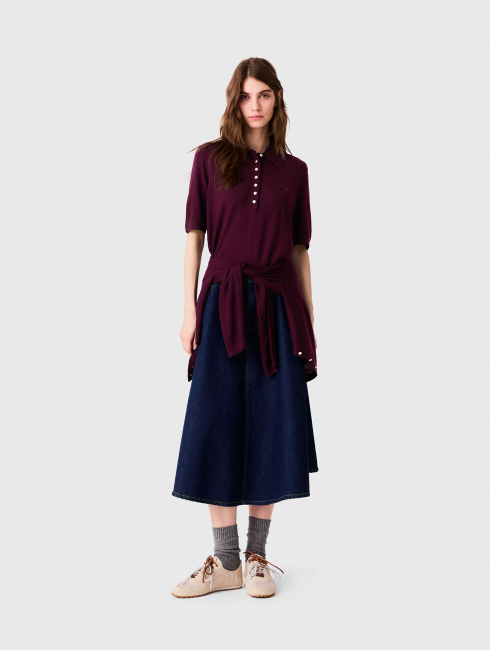Malila Polo Collar Jumper Top | Cardigan with Embroidered Logo | Wool Burgundy Purple-red Set