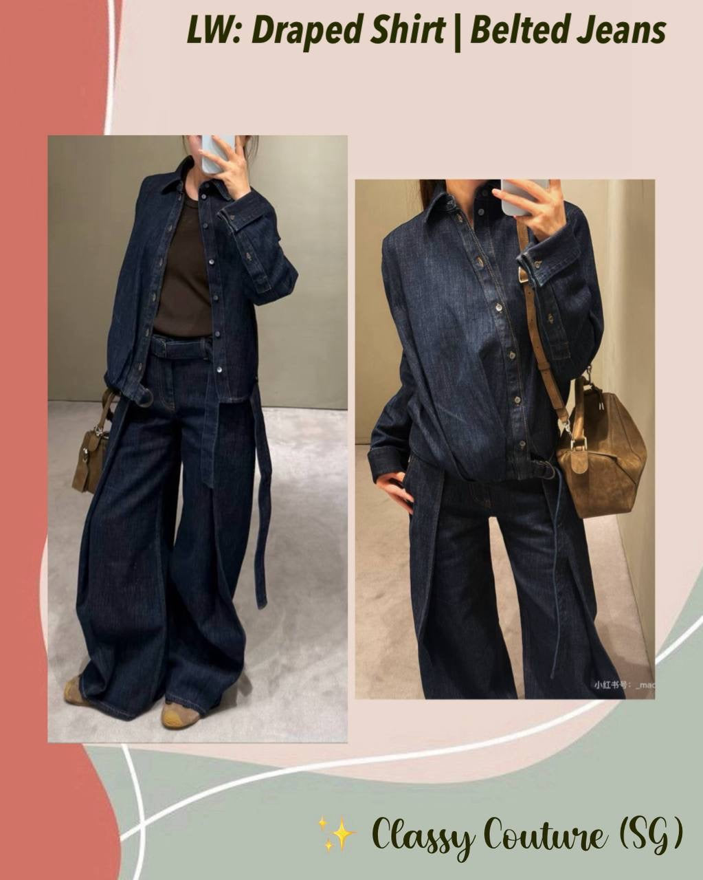 LW Draped Asymmetric Button Shirt | Belted Baggy Pant Jeans | Cotton-blend Denim Set
