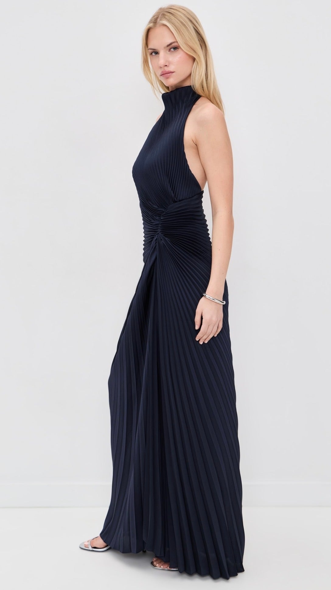 ALC Romy Halter Pleated Satin Gown Maxi Dress