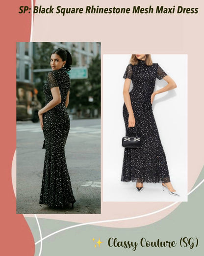 SP Black Square Rhinestone Mesh Maxi Dress