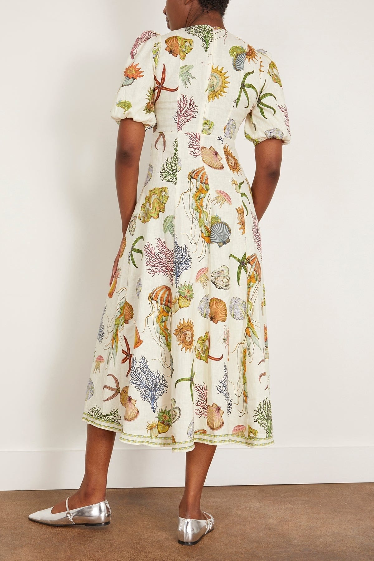ALM Sea Puff Sleeve Linen Midi Dress