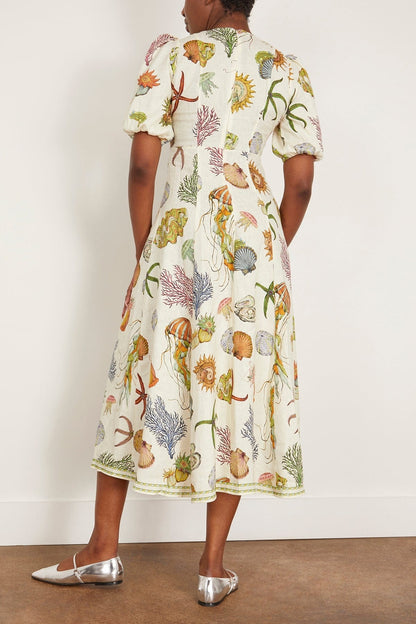 ALM Sea Puff Sleeve Linen Midi Dress