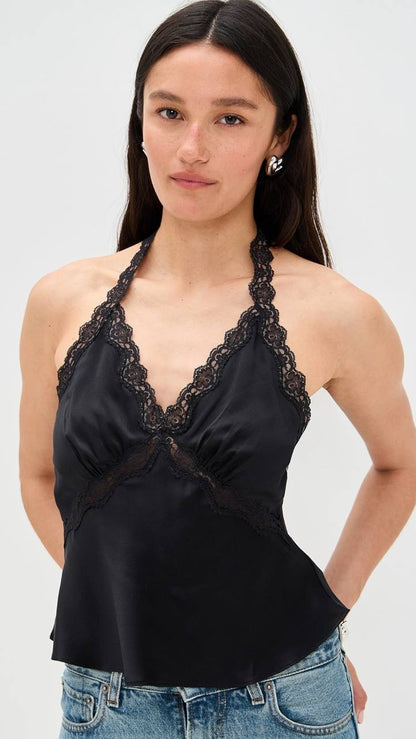 6 Colors! Ref Monica Silk Halter Lace Trim Top