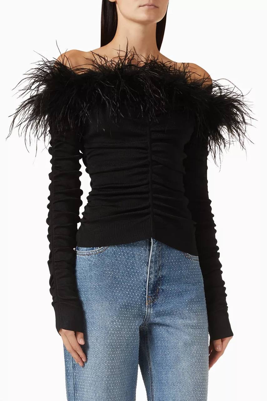 SP Feather-trim Off-shoulder Top in Knit