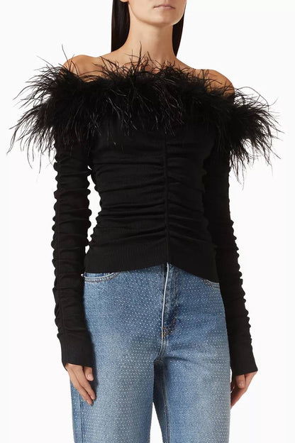 SP Feather-trim Off-shoulder Top in Knit