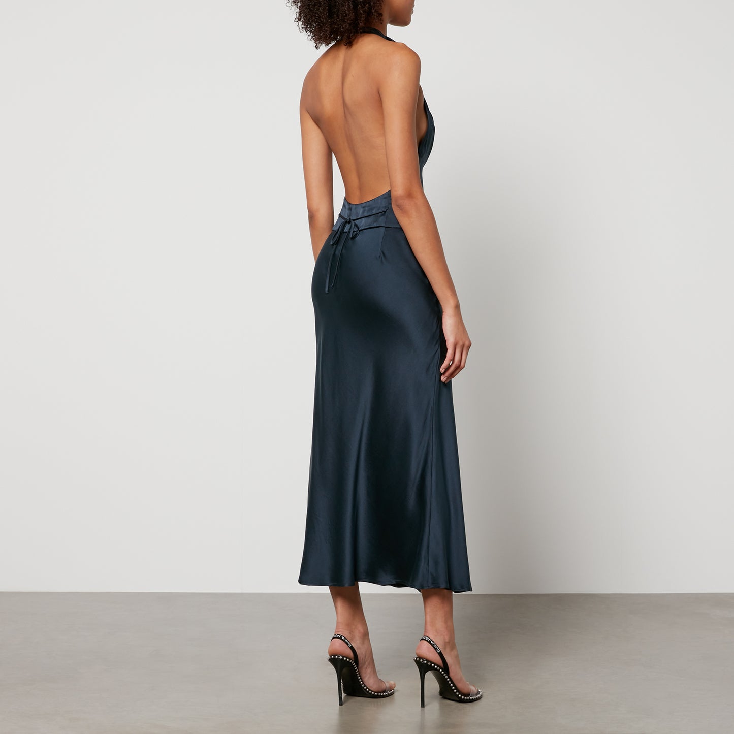 RX Estella Halter Backless Silk Midi Dress in Navy Blue