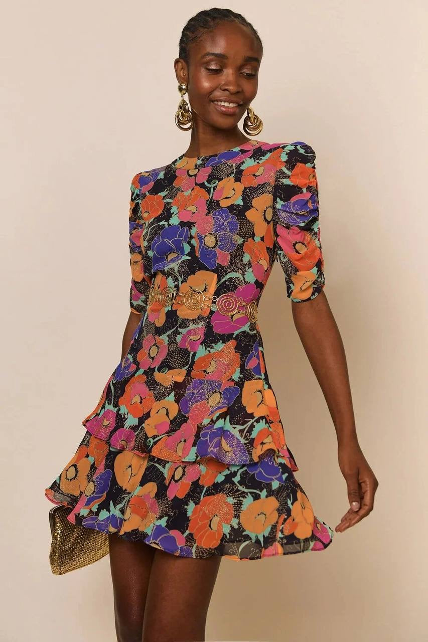 RX Dion Glittered Floral Print Viscose Mini Dress