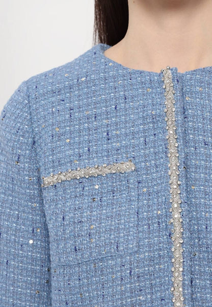 MJ Vilya Blue Cropped Embellished Tweed Jacket Blazer