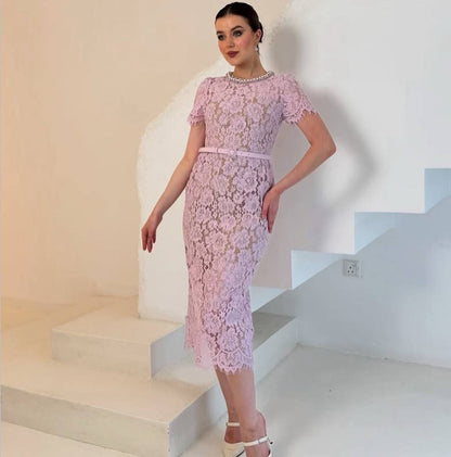 SP Pink Fine Lace Pearl Embellished Midi Dress