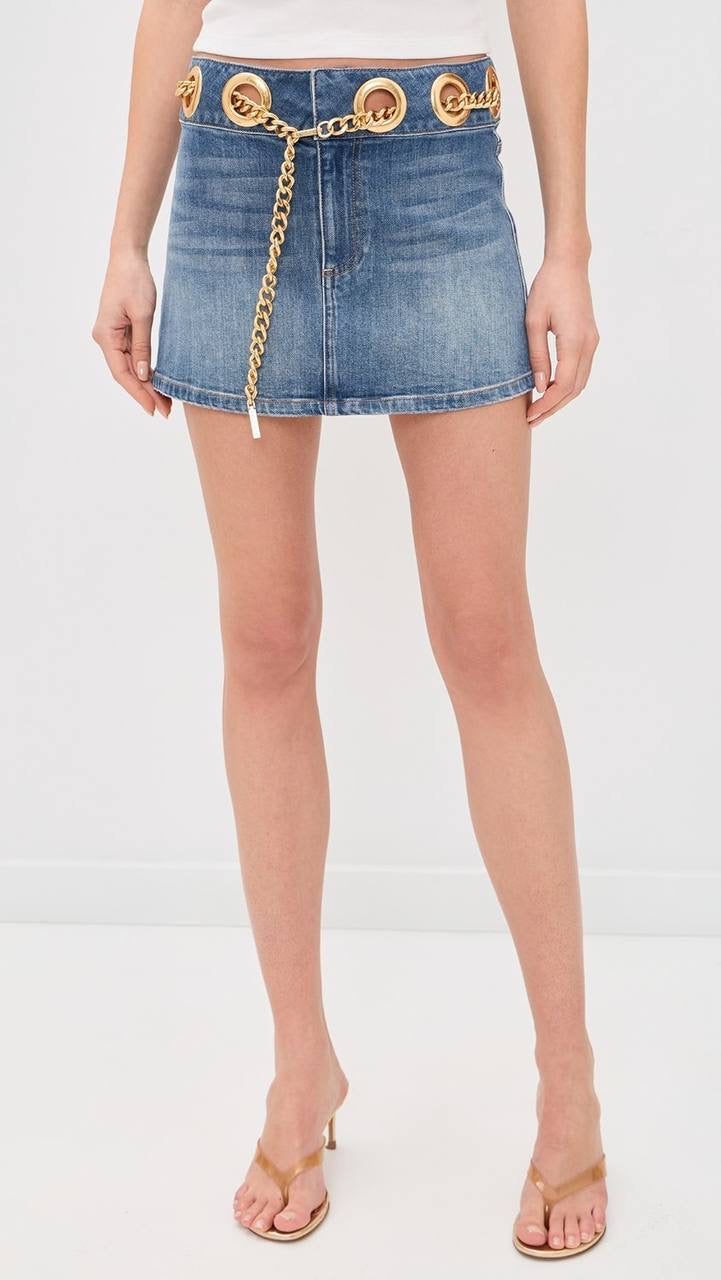 AO Morgana Chain Belt Stretch-cotton Denim Mini Skirt