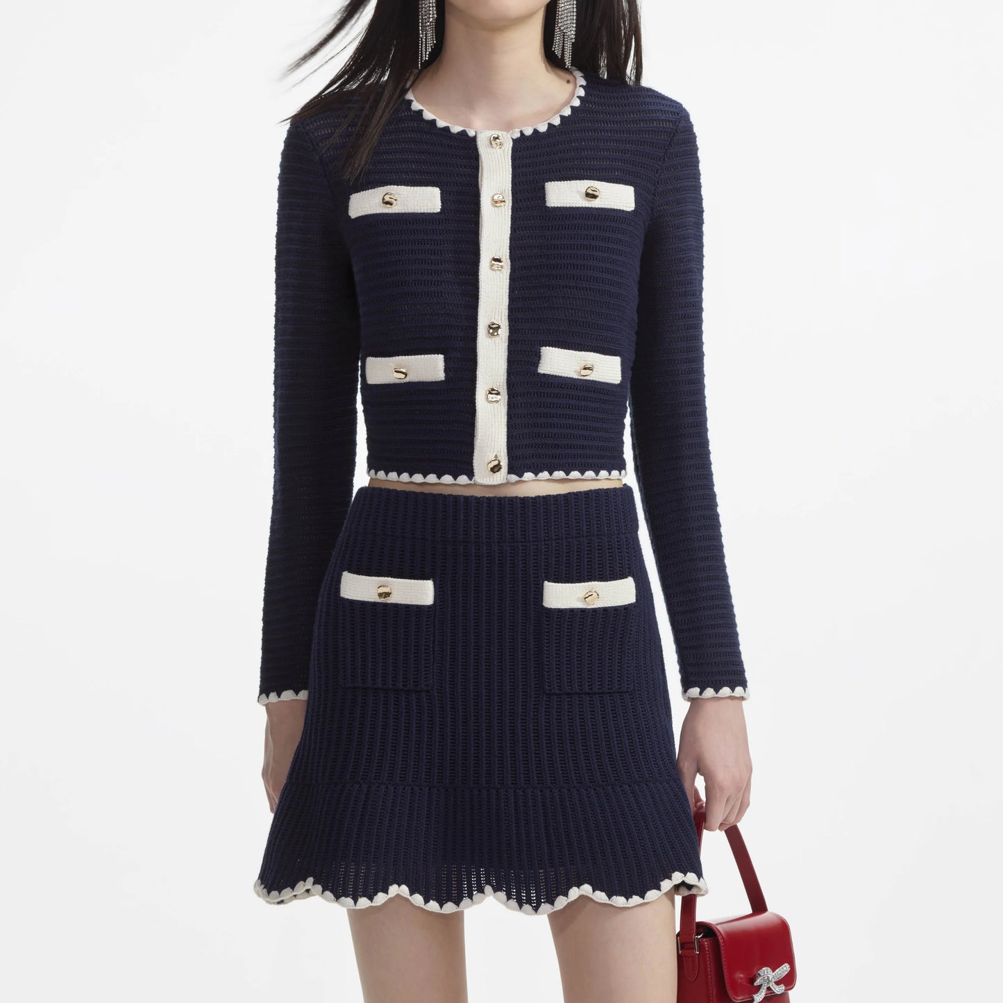 SP Navy Crochet Contrast Trim Cardigan | Mini Skirt | Set