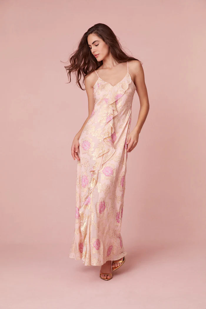 LSF June Maxi Dress in Magenta Marble Metallic Silk Blend