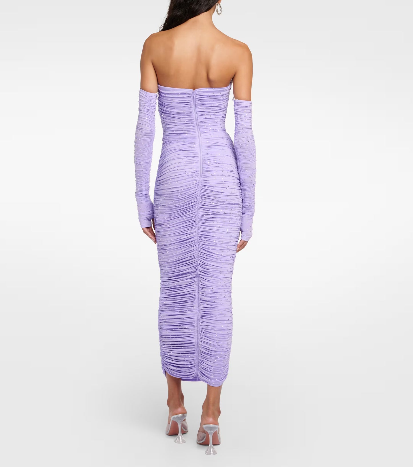 AP Crystal Ruched Jersey Gown with Gloves | Midi Maxi Dress Lilac with Clear Crystals