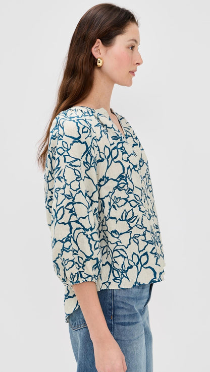 AA Mite 3/4 Sleeve Linen Blouse Top in Lace Floral Flax