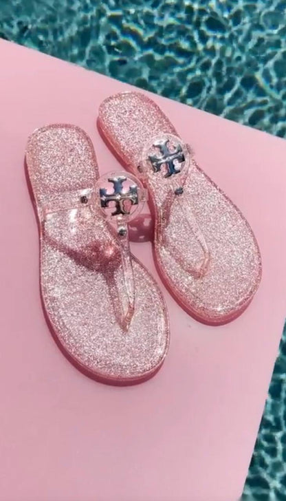 TB Mini Miller Flat Thong Flip Flops Clear Jelly Sandals in Glitter & Transparent