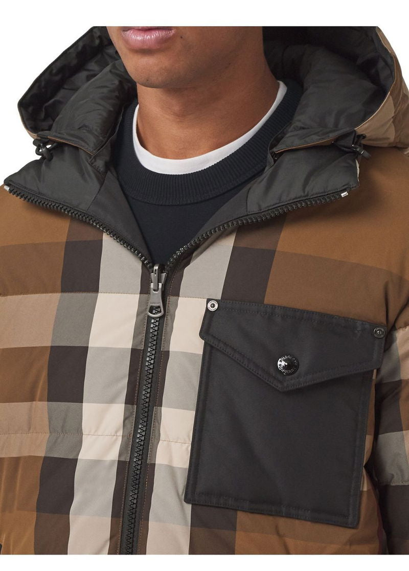 BBR Men’s / Unisex Reversible Check Nylon Puffer Hooded Jacket (Down feather-filled)