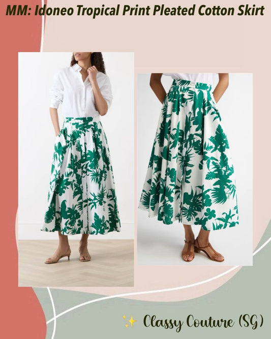 MM Idoneo Tropical Print Pleated Cotton Midi Skirt