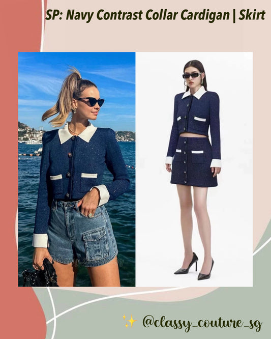 SP Navy Contrast Collar Cardigan | Mini Skirt | Set