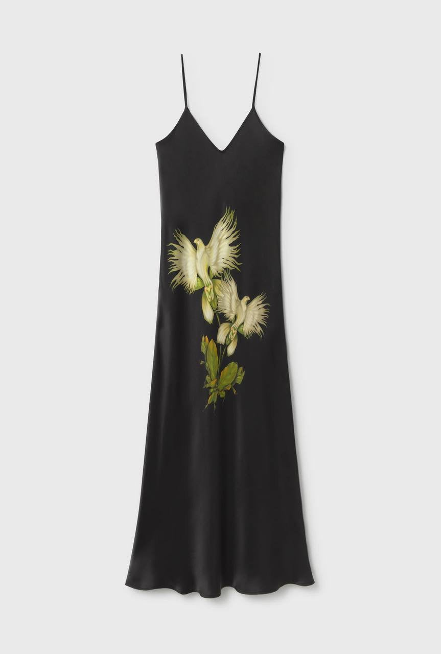 SL 90S Silk Slip Midi Dress in Egret Black Floral