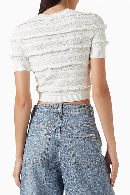 SP White Pointelle Short-Sleeve Sweater Top | Midi Skirt | Set