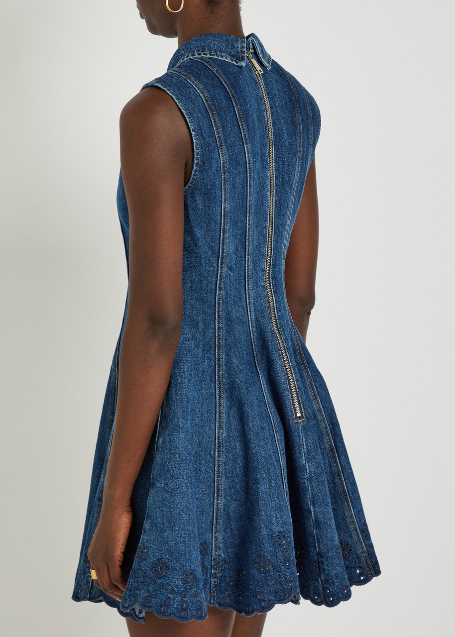 SP Blue Denim Broderie Flared Mini Dress