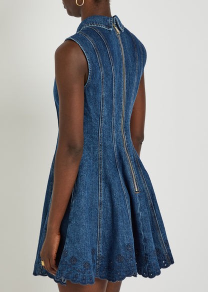 SP Blue Denim Broderie Flared Mini Dress