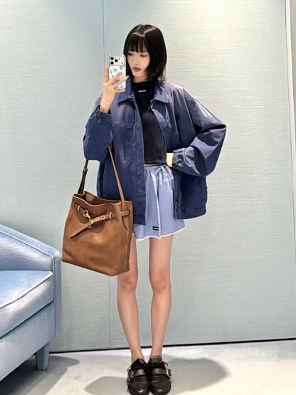 Women’s/Unisex Blue Washed Cotton Twill Blouson Jacket Overshirt