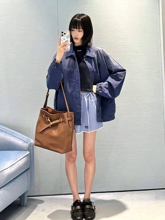 Women’s/Unisex Blue Washed Cotton Twill Blouson Jacket Overshirt