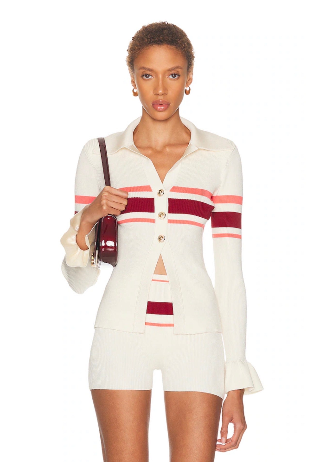 SP Cream Pink/Red Stripe Viscose Knit Button Top
