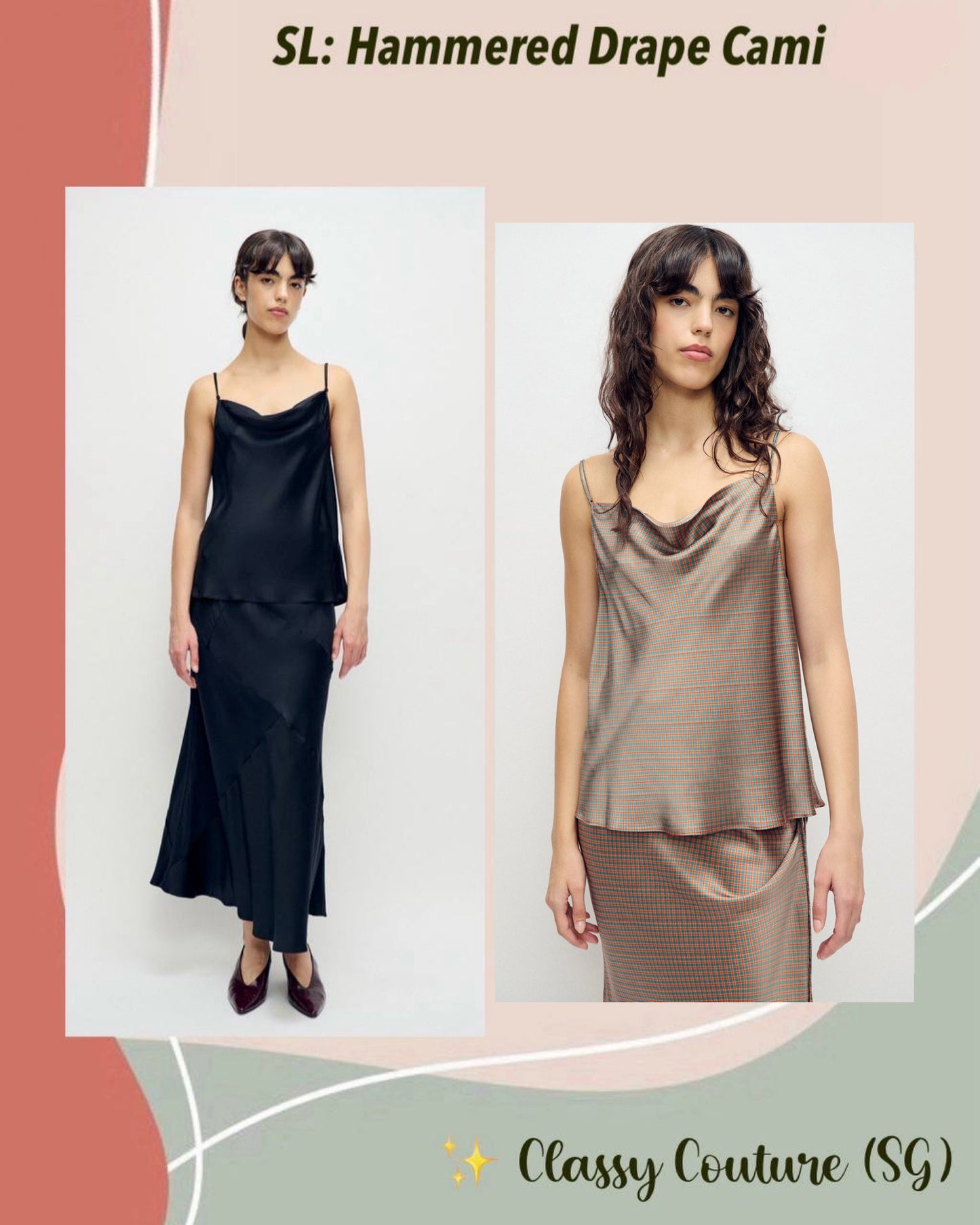 SL Drape Silk Satin Reversible Cami Top in Hammered Black & Micro Plaid