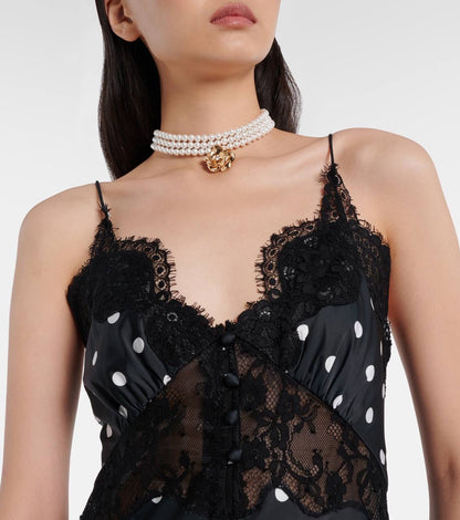 SP Polka Dot Satin Lace Strappy Maxi Dress