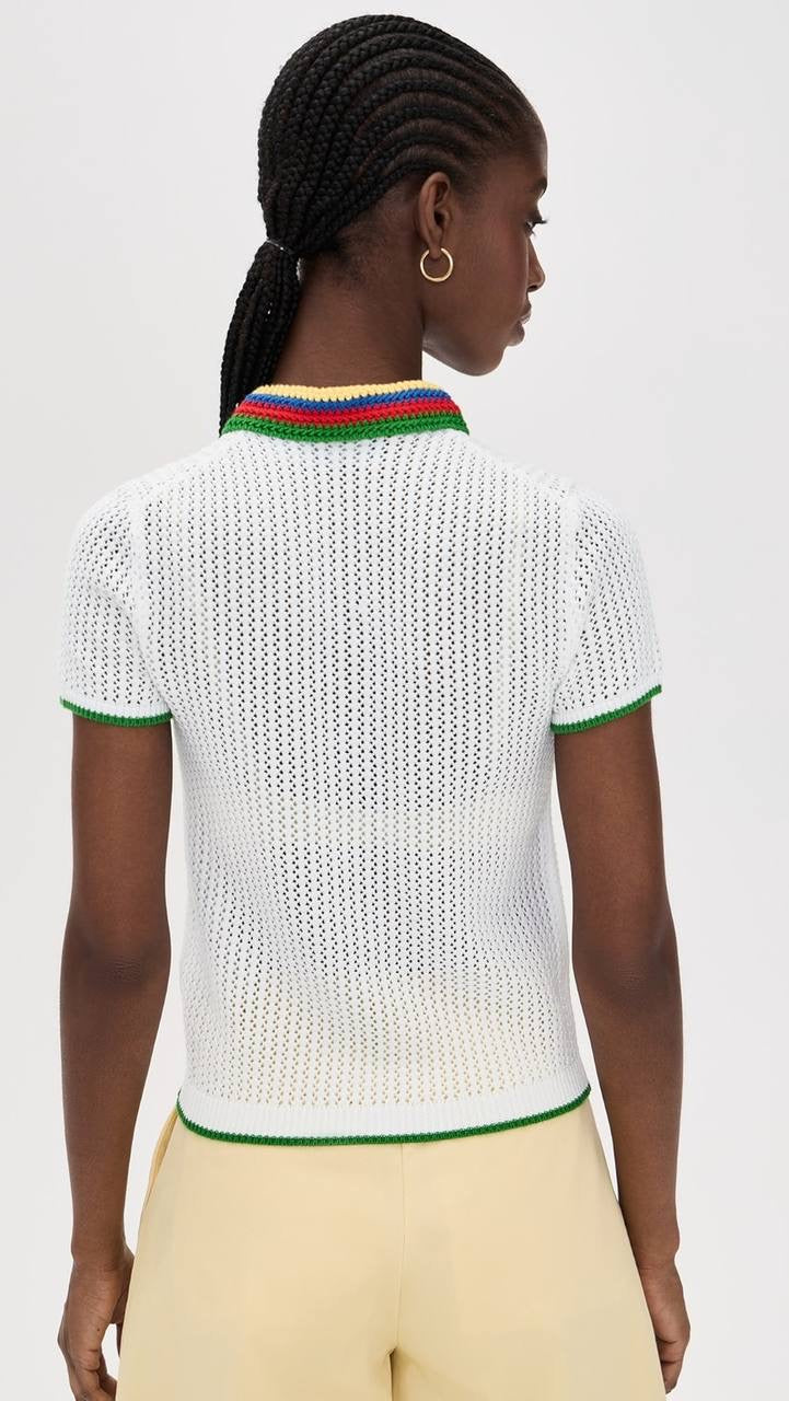 RL Pointelle Stripe Cotton-blend Polo Shirt Top with Rainbow Collar