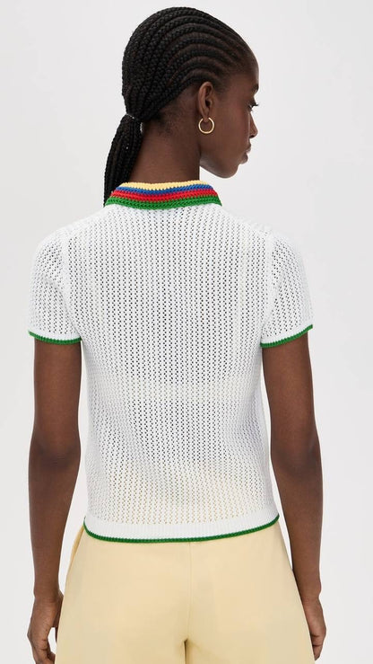 RL Pointelle Stripe Cotton-blend Polo Shirt Top with Rainbow Collar