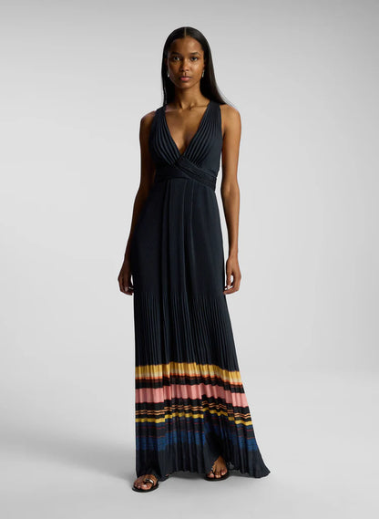 ALC Everly Pleated Maxi Gown Dress in Navy Stripe