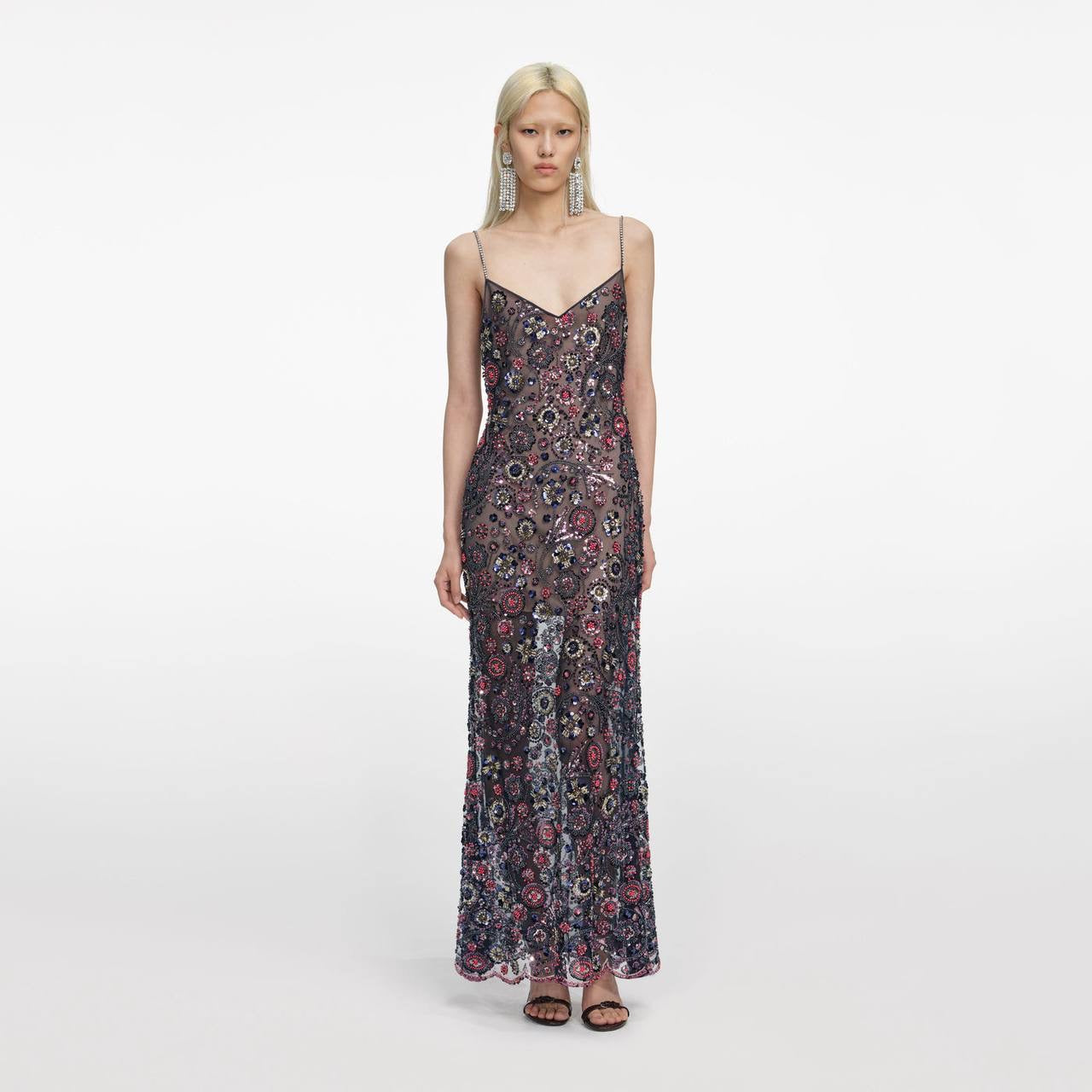 SP Navy Floral Sequin Strappy Maxi Dress